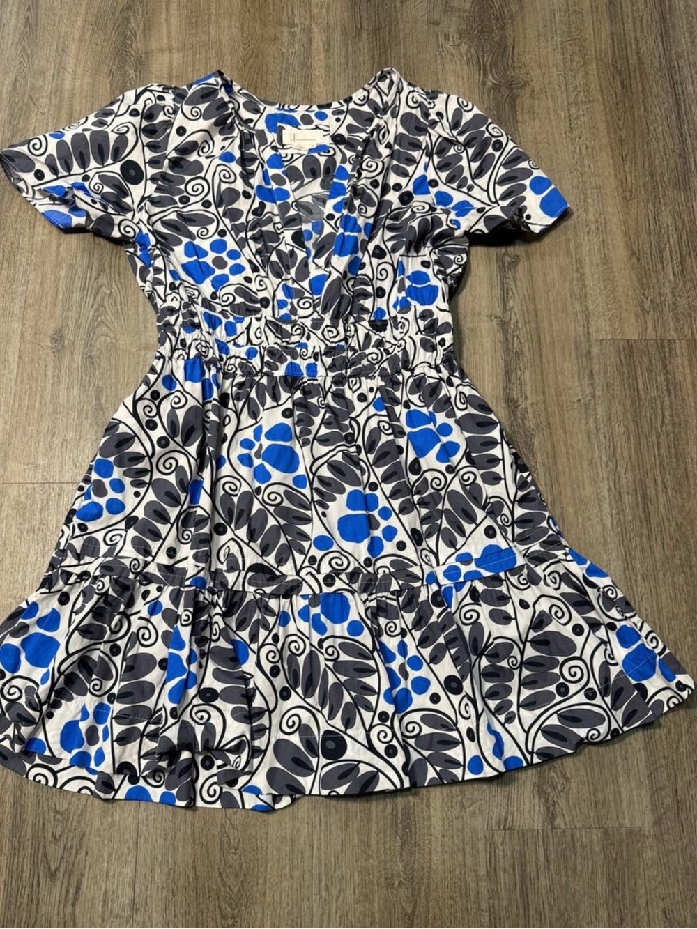 EUC Sz L Anthropologie Somerset Blue & Black Floral Dress